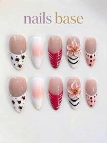 NAILS BASE 10片/組 粉色杏仁形長款法式漸層漸變假指甲，附玫瑰紅花朵，杏仁形甲片，適合辦公場合的中性華麗風，日式手工 P - 彩色 - 查看 11