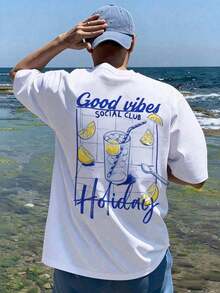 Solantero Men's Short Sleeve T-Shirt With Casual Holiday Style! Cool Lemon Print + Relaxed Slogan, Refreshing Blue And White Color Scheme - 彩色 - 查看 1