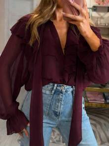 Women's Casual Ruffle Trim Blouse Top For Summer - Purple - View 1