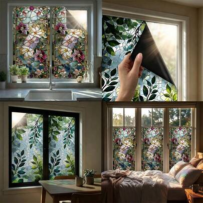 1/2 Peças Película Decorativa de Vidro Floral Vintage Colorida, Proteção de Privacidade Aderente, Bloqueio de UV e Isolamento Térmico, Adesivo de Vidro Decorativo para Banheiro, Quarto, Sala de Estar
