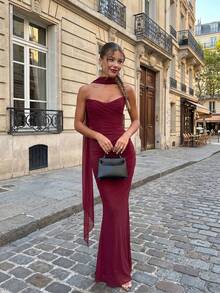 优雅法式魅力浪漫度假海滩婚礼派对性感女士飘逸上衣和鱼尾裙两件套 - 紅色 - 查看 3