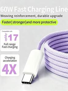 Cable de carga rápida USB C trenzado de nailon, cable de carga de alta velocidad de 1m/2m, compatible con iPhone 17/16/15/Pro/Pro Max y otros teléfonos Android, adecuado para accesorios de teléfono para viajes/coche/hogar/oficina/dormitorio - blanco + morado - Ver 3