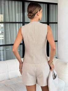 Women's Elegant Striped Sleeveless Button-Front Vest And High-Waisted Shorts 2 Pieces Set - Apricot - View 3