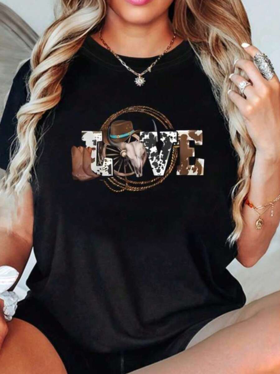 MPLSL|Women002 Women's Casual Versatile Comfortable And Elegant Black T-Shirt For Women With Western Style Design Including Hat, Ox Skull, Wheel And The Word LOVE - 黑色 - 查看 1