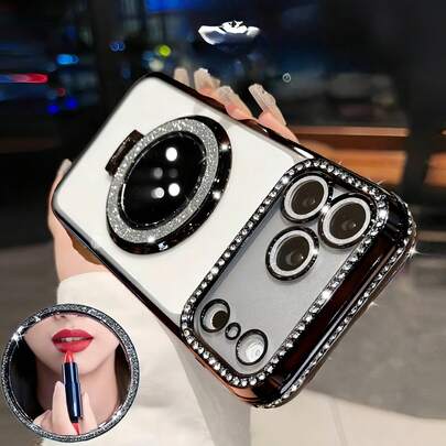 Luxury Shiny Crystal Lens Protection Shockproof Phone Case With Glitter Makeup Mirror & Finger Ring Holder, Suitable For IPhone 17/16E/15/14/13/12/11/X/XS Max/XR/Pro Plus, Galaxy A02S-A07/A12-A17/A22-A26/A32-A36/A50-A56/S20-S25, Honor Magic, Reno, , Smart And More