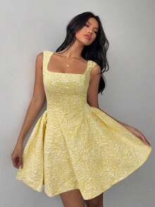 Vestido elegante de longitud media con estampado de jacquard para mujer en verano - Amarillo - Ver 2