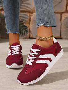 1 双女式轻便休闲运动鞋，平底系带舒适步行鞋 - 紅色 - 查看 2