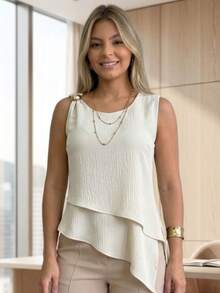 Women's Asymmetrical Blouse In Duna Fabric With Gold Buckle Detail And Side Slit - Off-withe - View 2