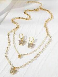 Bộ trang sức gồm dây chuyền và bông tai mặt hình bướm đính đá Cubic Zirconia, trang sức thời trang. - Vàng - Xem 5