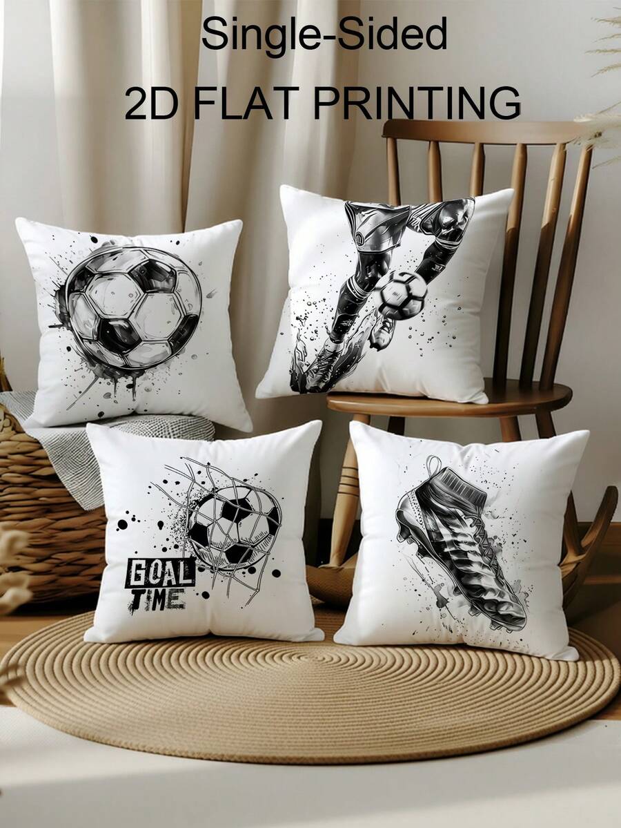 4pcs Black & White Soccer Print 2D Flat Printing Throw Pillow Covers, Single-Sided Printed, Soft, Grunge Football, Soccer Shoes & "Goal Time" Quote Pillow Covers, Suitable For Sports Fans, Washable, Durable, Perfect For Living Room, Bedroom, Sofas, Couches Decoration, Single-Sided Design, Not Real Embroidery, Zippered - Multicolor - View 1