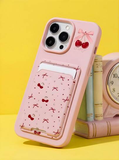 粉色樱花图案卡包 粉色樱花蝴蝶结图案卡包 2个手机壳+粘性卡槽 兼容苹果13系列、11系列、12系列、14系列、15系列、16系列 防水防震防摔防刮 春季礼物 派对礼品