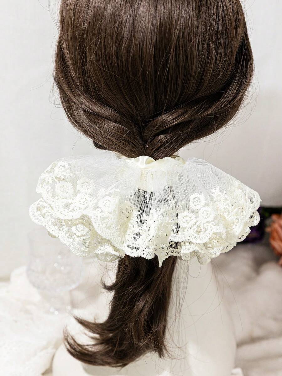 1pc Solid Color Lace Embroidered Wide-Banded Scrunchie, Daily Wear Hair Accessory For Women,Travel,Birthday - Multicolor - View 1