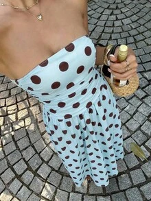 Vestido bandeau con cintura ceñida y estampado de lunares, estilo vacacional - Multicolor 16 - Ver 1