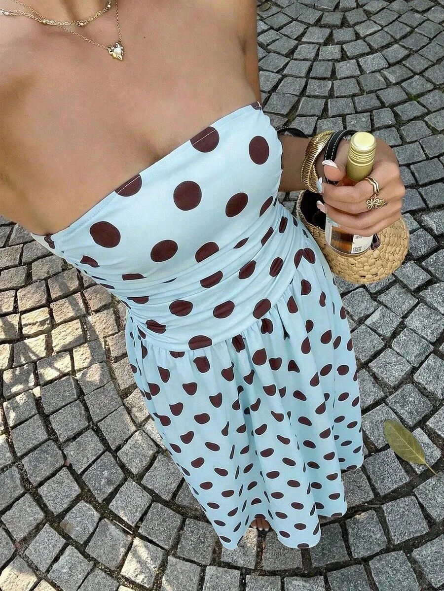 Vestido bandeau con cintura ceñida y estampado de lunares, estilo vacacional - Multicolor 16 - Ver 1