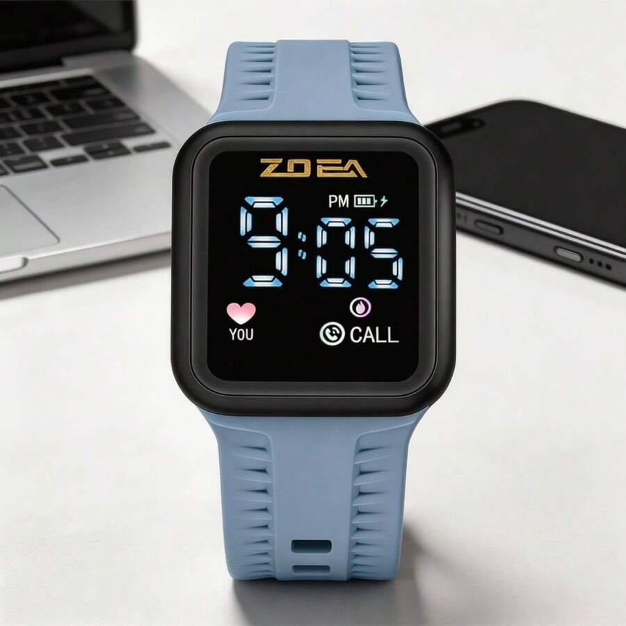ZOEA Men's LED Touchscreen Watch, Waterproof Silicone Strap, Sporty And Casual Design - 天藍帶黑殼 - 查看 1