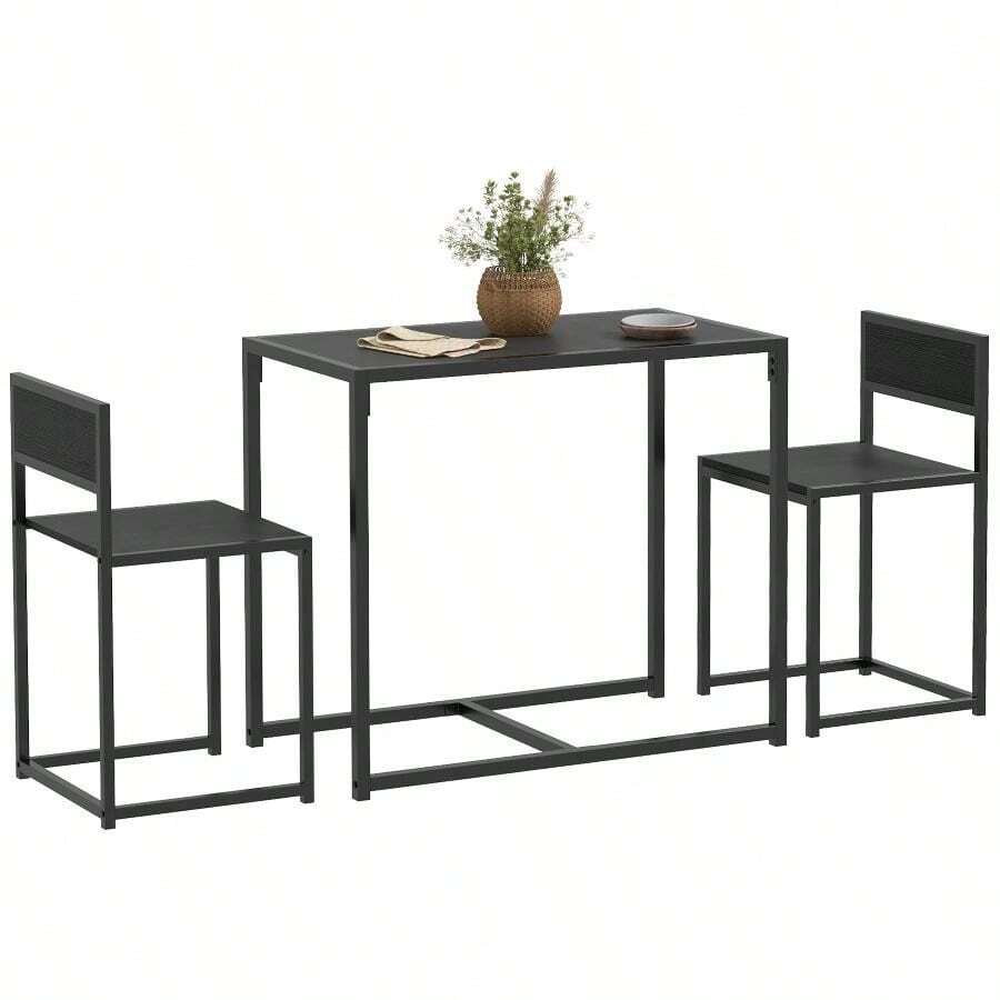Dining Table And Chairs Set 2, Dining Room Sets, Rectangular Space Saving Table And 2 Chairs For Compact Kitchens, Steel Frame, Grey Wood-Effect - Black - View 1