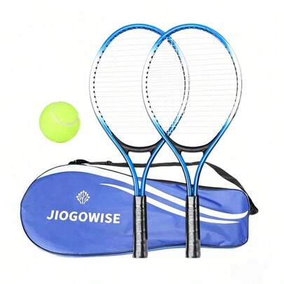 Bộ dụng cụ vợt tennis gồm 2 vợt, 1 túi đựng vợt màu đen và 1 quả bóng tennis, thích hợp cho cả trong nhà và ngoài trời, dành cho thanh thiếu niên và người mới bắt đầu.