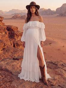 Maternity Off-Shoulder White Long Sleeve Ruffle Hem Dress, High Slit Loose Flowy Pregnancy Photoshoot Formal Gown Fall - White - View 5