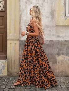 Vestido sin mangas de cuello en V con estampado total para vacaciones de verano de mujer - Óxido marrón - Ver 4