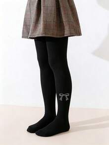 2pcs Girls' Butterfly Rhinestone Solid Vertical Striped Tights, Sweet & Cute, Suitable For Girls' Daily Wear - Black and White - View 7