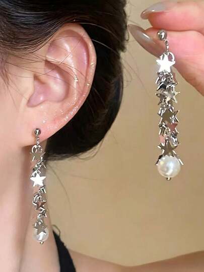 1 paire de boucles d'oreilles pendantes scintillantes en argent avec étoiles et franges, boucles d'oreilles élégantes à longs franges