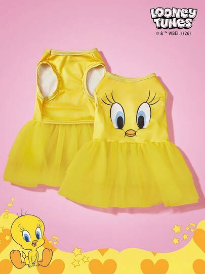 LOONEY TUNES X PETSIN 1 Small Yellow Duck Printed Pet Dress, Yellow Minimalist Style, Skin Friendly, Breathable Pet Clothing