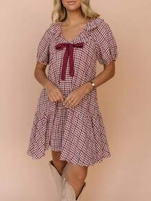 Women Plaid Babydoll Mini Dress Gingham Short Sleeve V Neck Bow Swing Dress Loose Summer Dress For Casual Daily Dating Streetwear - 紅色 - 查看 3