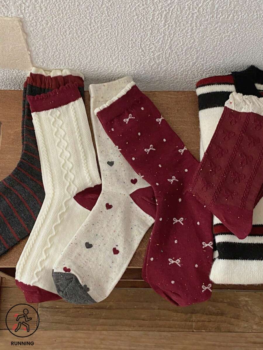 3双安科拉红色系列中筒袜,复古爱心蝴蝶结条纹款,柔软少女风,秋冬季百搭袜子 - 紅色 - 查看 1