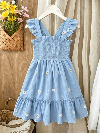 Young Girl' Light Blue Spring Pure Cotton Daisy Print Dress, Flare Sleeves, Elastic Waist, Casual Spaghetti Strap Dress For Summer