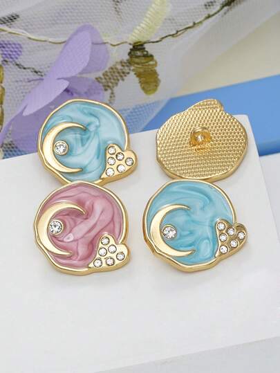 Bộ 6 chiếc khuy kim loại trang trí 21mm, khóa đính đá, hình trăng khuyết, mặt trời và trái tim màu vàng, men xanh dương, thích hợp để trang trí áo khoác, mũ, khăn quàng cổ, quần, túi da và các đồ trang trí dệt may gia đình khác.