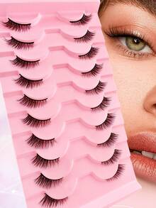 10对猫眼自然交叉假睫毛，带黑色眼线，适合日常佩戴和约会，必备化妆单品 - 黑色 - 查看 4