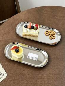 1pc Minimalist Stainless Steel Oval Tray, Multi-Purpose Metal Serving Plate For Desserts, Snacks, Jewelry & Cosmetics, Kitchen Organizer Tray - Multicolor - View 2