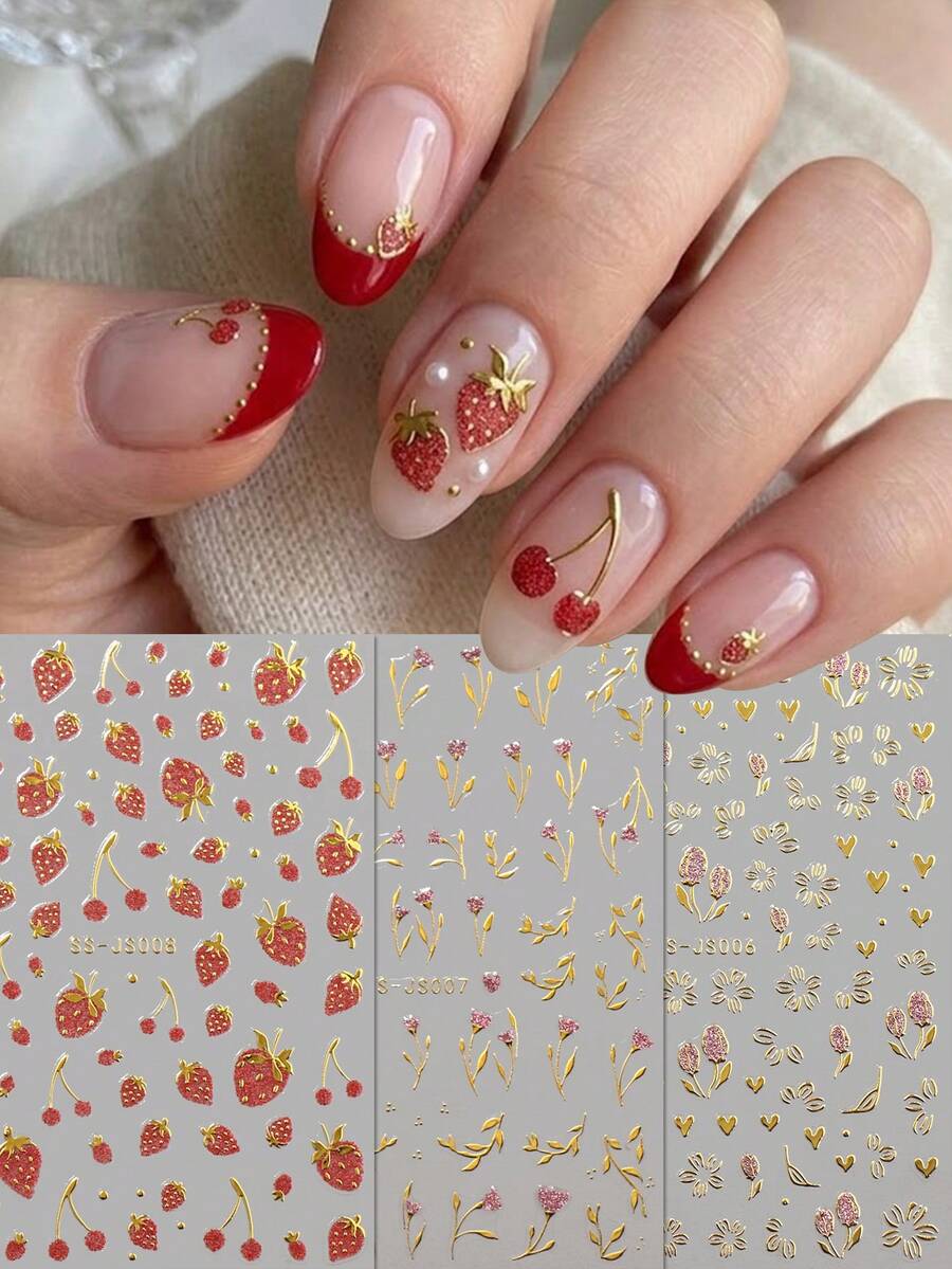 3片金色镶边粉色闪光草莓美甲贴纸 - 郁金香和樱花花卉美甲贴花 - 清新甜美3D立体质感DIY美甲装饰 - 适合春夏、派对、约会、音乐节