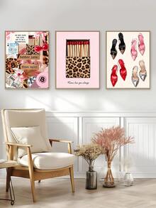 3PCS Pink Leopard Wall Art Fashion Stylish Prints Decor Office Aesthetic Girly Wall Art Fashion Magazine, Matchbox, High Heels Wall Art, Festival Gift, The Ideal Gift For Friends, Bedroom Art Print, Living Room Decor, Office Decor, Kitchen Decor, Bar Decor, Bathroom Decor, Wall Arts, Wall Decor, Home Decor, Room Decor, Canvas Wall Art, Posters, Wall Art With Frame, Optional Frame ﻿ - 3pcs - View 2