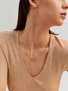 1pc Women's Necklace, Copper Alloy Cubic Zirconia Four-Leaf Clover Tassel Pendant Necklace, Layering Daily Accessory Gift (Random Pendant Quantity) - Yellow Gold - View 4