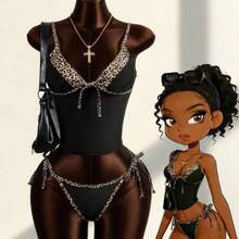 Zestiva Women's Leopard Print Lace-Up Spaghetti Strap Tankini Swimwear Set - Negro - Ver 1
