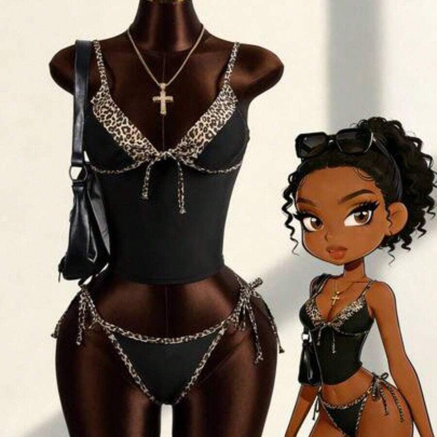 Zestiva Women's Leopard Print Lace-Up Spaghetti Strap Tankini Swimwear Set - Negro - Ver 1