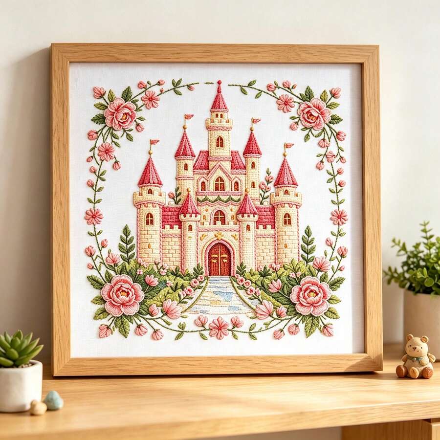 Bộ tranh thêu chữ thập tự làm hình lâu đài hoa hồng màu hồng trong truyện cổ tích, tranh trang trí thêu tay dành cho nữ.