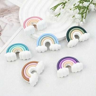 2pcs Ombre Cloud & Rainbow DIY Silicone Beads, Colorful Gradient Rainbow Large Beads Representing Good Mood, Suitable For Home Decor, DIY Handmade Jewelry Making, Bracelets, Necklaces, Pens, Phone Charms, Bag Accessories, Crafts, Keychain Pendant
