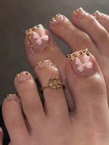 24pcs Summer French Pink Flower Rhinestone Toe Nail Stickers, Includes 1pc Nail File + 1 Roll Double-Sided Adhesive Nail Sticker Accessories - Multicolor - View 2