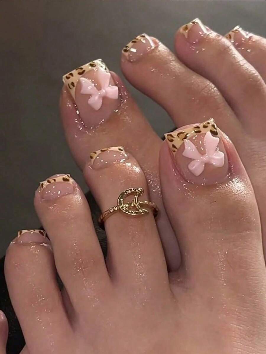 24pcs Summer French Pink Flower Rhinestone Toe Nail Stickers, Includes 1pc Nail File + 1 Roll Double-Sided Adhesive Nail Sticker Accessories