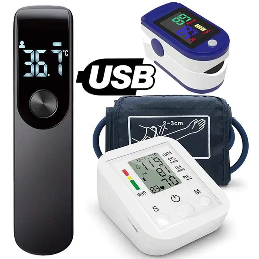Monitor de presión arterial BP de brazo Digital médico, tensómetro, tonómetro, esfigmomanómetro automático, medidor de pulso y frecuencia cardíaca, oxímetro - Termómetro 1 - Ver 1