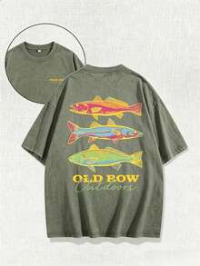 Men's Casual Summer Washed Cotton T-Shirt Old Row Outdoor Fish Print, Round Neck Short Sleeve Lightweight Knitted Fabric, Rib Details 100% Cotton - 軍綠色 - 查看 5