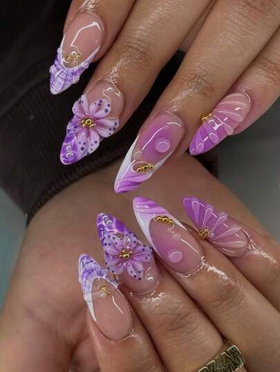 24pcs Almond-Shaped Acrylic Nail Stickers With Elegant Dreamy Design, Featuring Purple Ombre Wavy Pattern, 3D Polka Dot Floral, And Luxurious Golden Pearl Accents. Easy To Apply, Suitable For Girls And Women For Daily, Party, And Gathering Occasions. Includes Gel Polish And Nail File.