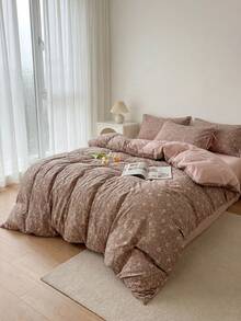 Juego de ropa de cama de 3 piezas de 100% poliéster de la serie floral de primavera 2026 con bloqueo de color AB, incluye 2 fundas de almohada con moño + 1 edredón, apto para todas las estaciones - Multicolor - Ver 5