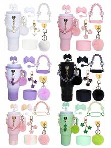 适用于30盎司和40盎司保温杯的5件套配件，包括10毫米吸管盖、瓶提手带、心形挂钩、硅胶套和钥匙扣挂件，是情人节礼物和户外活动的理想之选。 - 彩色 - 查看 2