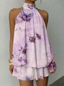 Vestido mini elegante de mujer con cuello halter y lazo en color amarillo claro - Multicolor - Ver 4
