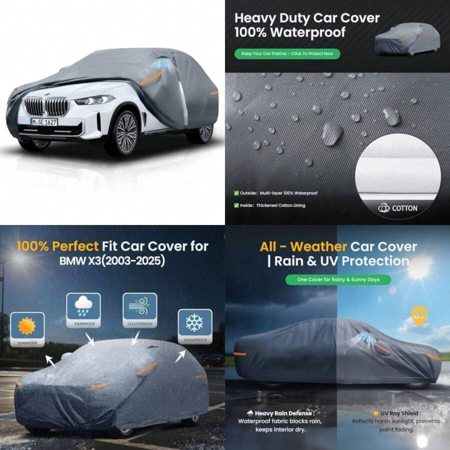 Waterproof BMW X3 2003-2025 Car Cover with Breathable Vents [2025 Upgrade] Premium Covers with Cotton Liner and Zipper Door Sun Rain Snow Dust UV Protection.(Gift with Towel) - gris - Ver 1
