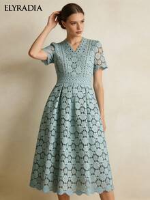 ELYRADIA Vestido midi elegante y casual con cuello en V de encaje, de manga corta, con temperamento elegante, adecuado para ocasiones formales y fiestas - verde menta - Ver 7