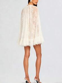 Women Lace Cape Dresses Loose See Through Crew Neck Mini Ruffled Dress For Party Club - 白色 - 查看 4
